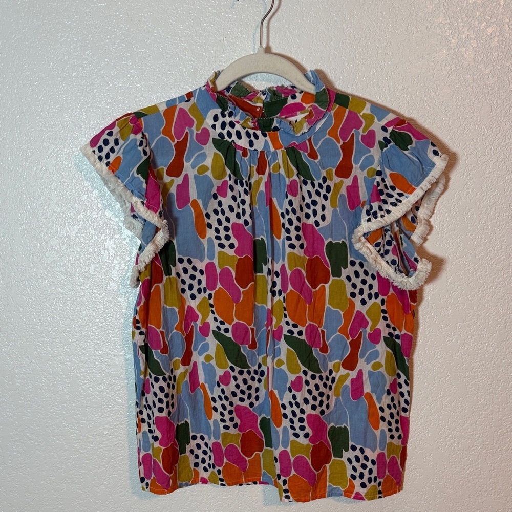 THML Multi Color Abstract Spots Ruffle Sleeves With Fringe Blouse Size Medium